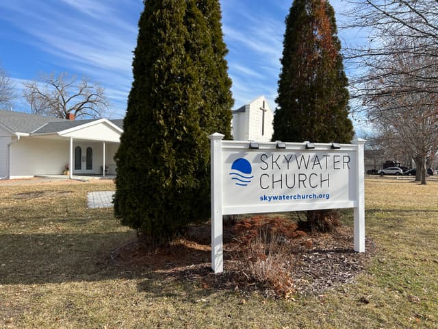 SkyWater Church in Shakopee MN external sign between two trees